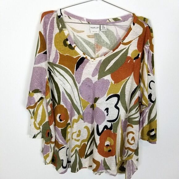 Rachel Zoe Women Plus  Linen Tunic Size 2X Top Artsy Floral Short Sleeves Blouse - Picture 1 of 4